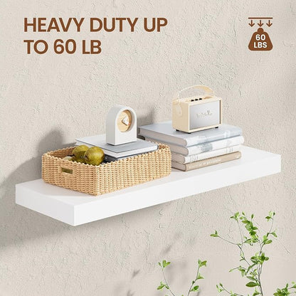 Heimlove Wooden Floating Shelves for Wall, White Pine Shelves Set of 2, 24 in Rustic Wood 8 Inch Deep Floating Shelf with Invisible Brackets for Bedroom Kitchen Living Room - Classic White