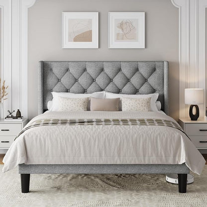 Einhomn Full Size Platform Bed Frame with Fabric Upholstered Wingback Headboard, 9" Under Bed Space, Wooden & Metal Slats Support, No Box Spring Needed, Light Gray