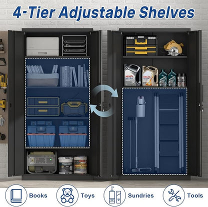 72''H Garage Storage Cabinet with Lock, 18'' Deep Metal Storage Cabinets with Doors and 4 Adjustable Shelves, Steel Locking Cabinet, Tool Cabinet for Laundry Room, Garage, Home Office, Black