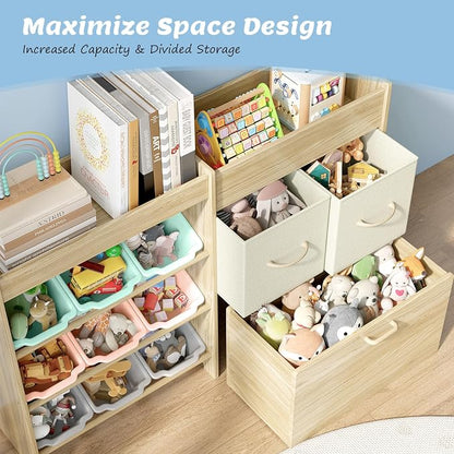 EXPERLAM Toy Storage Organizer for Kids, 9-Bin Toy Organizer with 2-Drawers,Movable Toy Chest and Top Rack, Kids Bookshelf and Toy Storage for Playroom, Bedroom, Nursery, Multi-Color