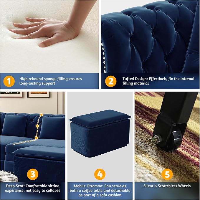 89'' Pull Out Sofa Bed King, Chesterfield Velvet Sleeper Sofa, Convertible L-Shaped Futon Couch, Tufted Back, 4 Pillows, Ottoman, Deep Seat Loveseat Couches for Living Room, Apartment, Blue