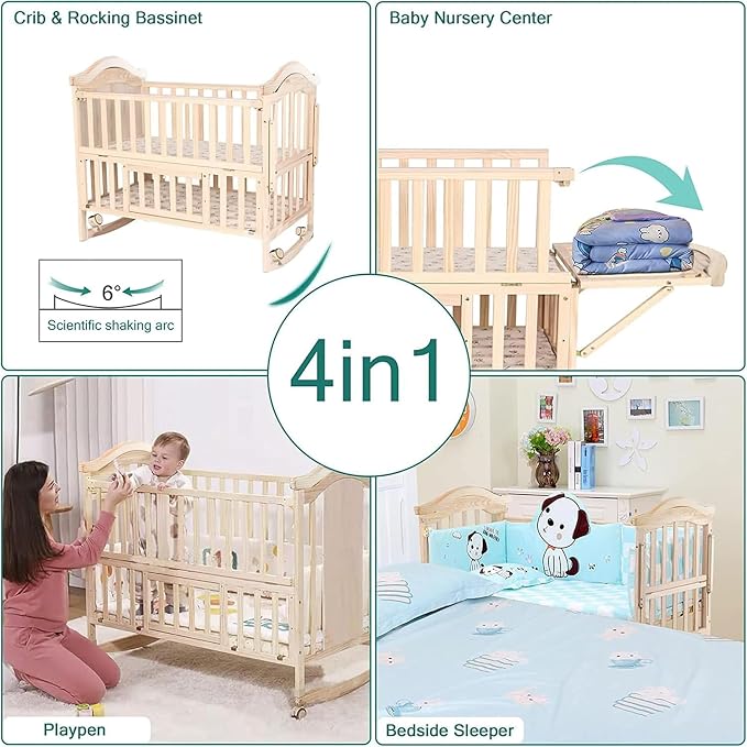 Portable Mini Baby Crib 4 in 1 Convertible with Memory Foam Mattress(38" by24) Included,cunas para Bebes 2026 Small Crib with Foldable Storage Baby Playpen Bedside Sleeper Beds(Natural Wood)
