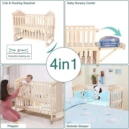 Portable Mini Baby Crib 4 in 1 Convertible with Memory Foam Mattress(38" by24) Included,cunas para Bebes 2026 Small Crib with Foldable Storage Baby Playpen Bedside Sleeper Beds(Natural Wood)