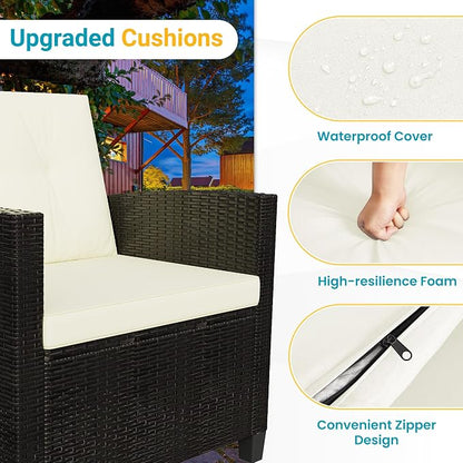 FansaFurn 4 Piece Outside Furniture, Wicker Patio Furniture Set, All Weather Outdoor Patio Sofa with Cushion and Acacia Wood Table, Outdoor Sofa for Backyard, Porch, Lawn, Patio, Deck, Garden, Beige