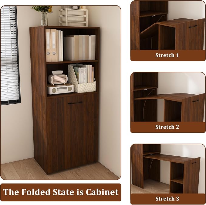 KEIKI Home Office Stretchable Desks with Storage Shelves and Mobile Wheels, Modern Wood Foldable Desk Gaming Computer Corner Table for Apartments Work, Study, Writing