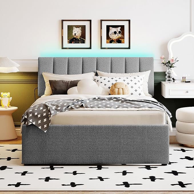 Bellemave Full Bed Frame with Trundle and LED Lights,Teddy Fleece Upholstered Platform Bed Frame with USB,Full Size Trundle Bed with Headboard for Kids Teens Adults,Gray
