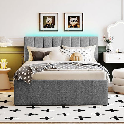 Bellemave Full Bed Frame with Trundle and LED Lights,Teddy Fleece Upholstered Platform Bed Frame with USB,Full Size Trundle Bed with Headboard for Kids Teens Adults,Gray
