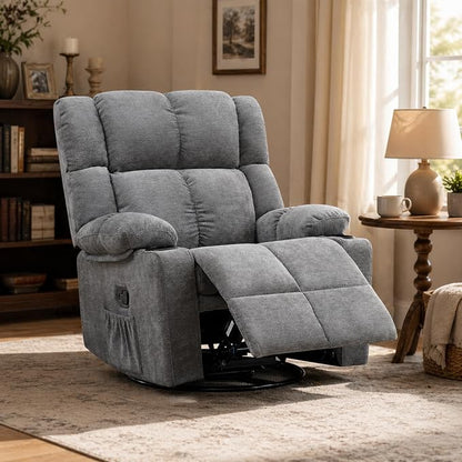 Swivel Rocker Recliner,Rocking Reclining Chair with Adjustable Headrest for Adults,Upholstered Fabric Swivel Recliner Chair for Bedroom,Living Room,Grey