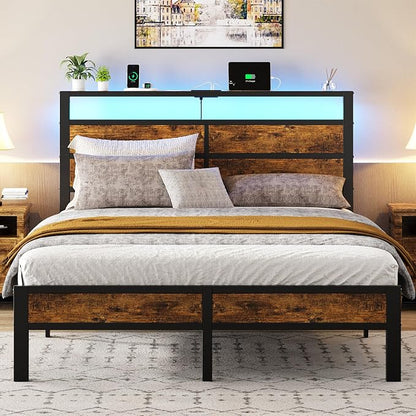 Liians Queen Size Bed Frame, Queen Bed with Charging Station Headboard and LED Lights, Platform Bed with Metal Slats, No Box Spring Needed