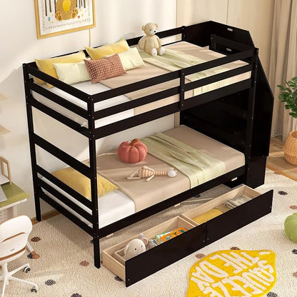 Giantex Bunk Bed Twin Over Twin with Storage Stairs & Drawers, Solid Wood Bunk Bed with Full-Length Guardrails, Convertible to 2 Beds, Versatile Bunk Beds for Kids Teens Adults, Espresso