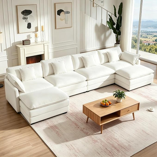 147" Modular Sectional Sofa, Oversized U Shaped Sectionals Cloud Couch, Big Comfy Couch with 2 Ottomans, 6 Seater Chenille Sectional Sofa with Deep Seat and 6 Pillows for Living Room- Beige