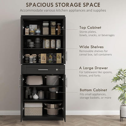 HOMCOM 72" Kitchen Pantry Cabinet, Freestanding Tall Storage Cabinet with 4 Doors, Drawer and 3 Adjustable Shelves for Dining Room, Black