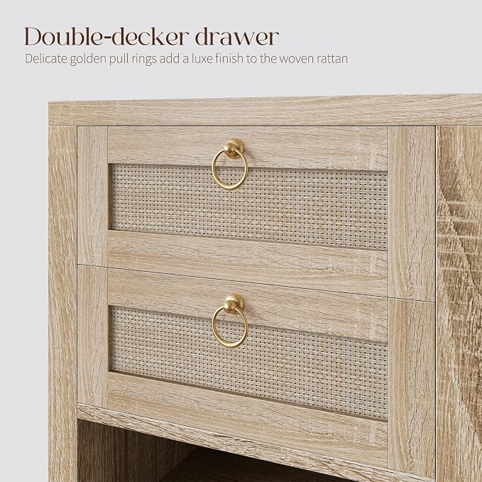 Rattan Night Stand with Drawers - Boho Nightstand with Charging Station, Bedside Table with Storage Shelf, Accent Side Table End Tables Living Room, Wood Nightstands for Bedroom, Light Wood