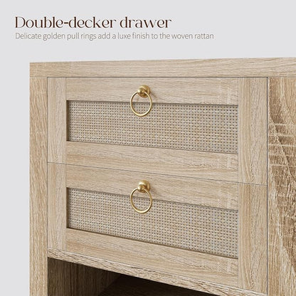 Rattan Night Stand with Drawers - Boho Nightstand with Charging Station, Bedside Table with Storage Shelf, Accent Side Table End Tables Living Room, Wood Nightstands for Bedroom, Light Wood