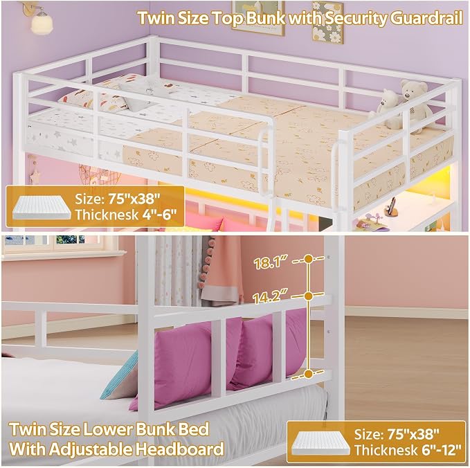 busyaeh Bunk Bed Twin Over Twin,Low Bunk Bed with 8 Drawers & 4 Shelves & 15" H Safety Guardrail,Metal L-Shaped Twin Bunk Bed with LED Lights and Charging Station,Floor Bunk Beds with Ladder,White