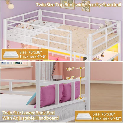 busyaeh Bunk Bed Twin Over Twin,Low Bunk Bed with 8 Drawers & 4 Shelves & 15" H Safety Guardrail,Metal L-Shaped Twin Bunk Bed with LED Lights and Charging Station,Floor Bunk Beds with Ladder,White