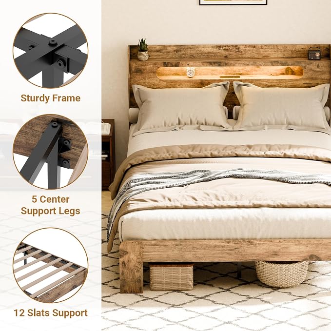 Zevemomo Full Size Bed Frame Wood, Full Bed Frame with LED Lights, Charging Station with 2 USB Ports & 2 AC Outlets, Sturdy Wood Framework, Noiseless, Rustic Brown (Arc Edge Rectangular Slot)