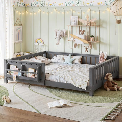 Bellemave Gray Natural Montessori Floor Bed with Fence and Slats, Queen Size Montessori Floor Bed with Bookcase and High Rails, Easy Assemble Bed Frame for Girls, Boys, Queen