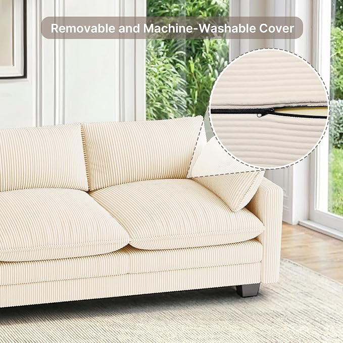 Gizoon 110'' Oversized L Shaped Couch for Living Room, Cloud Couches with Washable Corduroy Cover, Modern 4-Seater Comfy Deep-Seat Sofa with Movable Ottoman and 2 Throw Pillows for Apartment, Beige