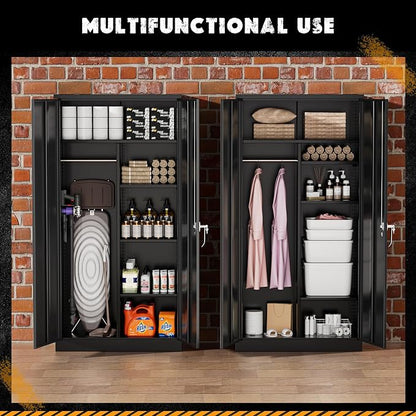 Greenvelly Metal Storage Wardrobe with 2 Doors, Black 72” Steel Storage Wardrobe Cabinet, Employees Locker Closet Clothing Coat Steel Wardrobe Cabinet with Hanging Rod for Garage, Gym, Home Office