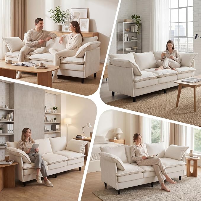 3 Seater L-Shape Couch Sofa with Ottoman, 69" Small Couch Modern Comfy Cloud Chenille Sofa 23" Deep with Washable Pillow Cover Couches for Living Room Bedroom Apartment Office 69-Beige-L