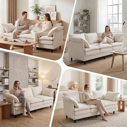3 Seater L-Shape Couch Sofa with Ottoman, 69" Small Couch Modern Comfy Cloud Chenille Sofa 23" Deep with Washable Pillow Cover Couches for Living Room Bedroom Apartment Office 69-Beige-L