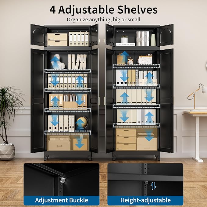 90" Tall Black Metal Storage Cabinet with 2 Doors and 4 Adjustable Shelves, Heavy Duty Steel Pantry Cabinet for Garage, Kitchen, Extra Large Industrial Cupboard (2 Packages)