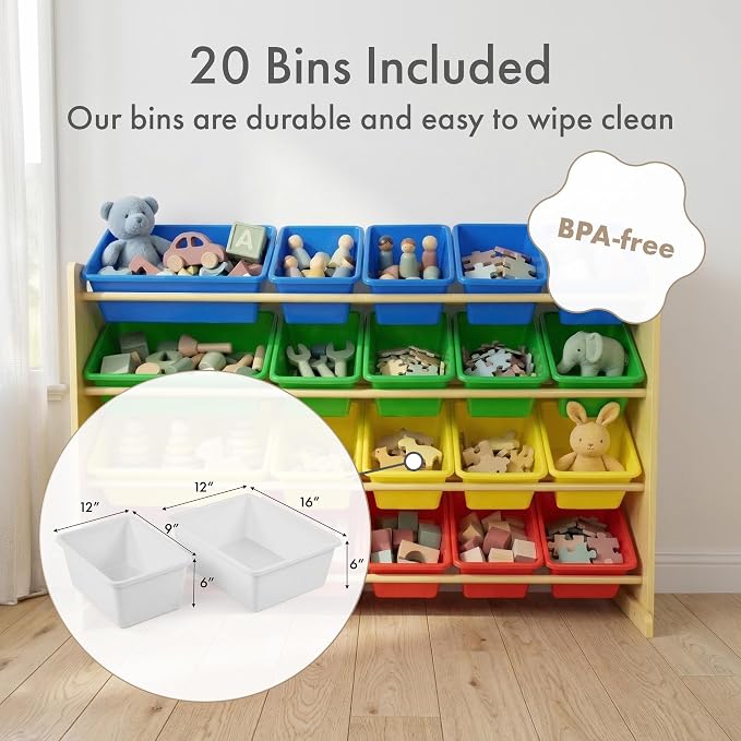 Humble Crew Toy Storage Organizer with 20 Removable Storage Bins for Kids Playroom, 4-Tier Toddler Toy Organization, Natural/Primary