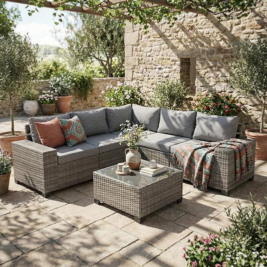 SUNSITT 6-Piece Patio Furniture Set, Outdoor Wicker Modular Sectional Sofa with 7.7-inch Wide Armrests & Thick Comfy Cushions, Glass Top Coffee Table, Rattan Conversation Set, Grey Color