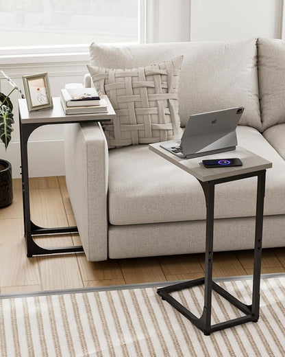 C-Shaped Side Table for Couch - Small Coffee Stand Sofa Tray Desk with Metal Frame and Waterproof Scratch Resistant, Modern End Accent for Living Room, Bedroom, Small Spaces, Greige