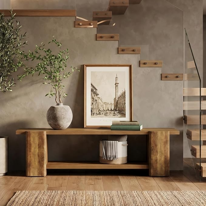 LITTLE TREE Entryway Bench, 63" Long Bench with Storage Shelf, Farmhouse End of Bed Bench, Bench for Bedroom, Dining Room, Living Room, Entryway, Hallway, Reinforced Legs, Brown