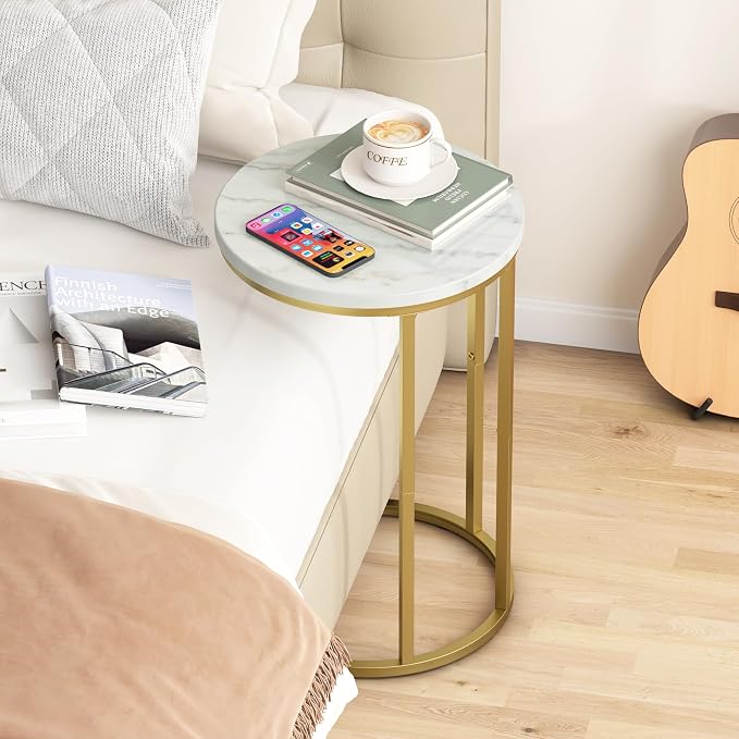 Function Home C Table End Table, Marble C Shaped Sofa Side Table, Couch Tables that Slide Under, Snack Accent Table for Living Room Bedroom Small Space, Marble Top and Gold Metal Frame