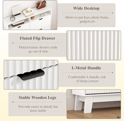 Shoe Cabinet Storage for Entryway with 4 Flip Drawers, Fluted Narrow Shoe Organizer with Wooden Legs & Top Cubby, Freestanding Slim Shoe Storage Hidden Shoe Rack for Front Door Entrance, White
