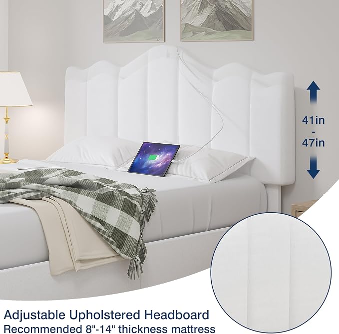 VECELO Full Size Bed Frame with 4 Drawers, Adjustable Headboard, Upholstered Platform with Wood Slats Support, Built-in USB and Type C Ports, Off White