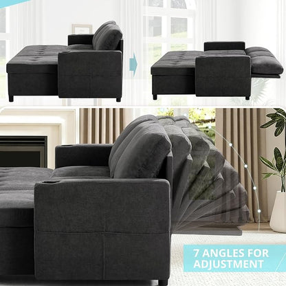84" L-Shape Pull Out Sofa with 2 Storage Chaise, Grey | Fabric Sectional Sleeper Sofa with Adjustable Backrest, Upholstered Reversible Couch Bed with USB Port for Living Room, House