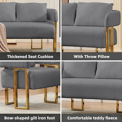 YISHENG Loveseat Sofa Modern Accent Chairs for Living Room with Golden Metal Legs Soft Teddy Upholstered Reading Armchairs no Wheels for Reception Room//Bedroom/Lounge/Office,Grey
