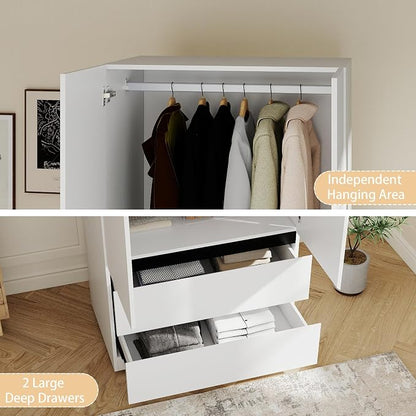 White Armoire Wardrobe Closet: 75" Large Wardrobe Closet with 6 Doors, Modern Bedroom Armoires with 6 Drawers, Tall Wood Closets for Bedroom