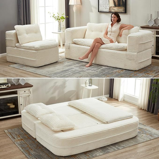 80'' Futon Sofa Bed, King Size Foldable Sleeper Sofa, Corduroy Boneless Loveseat Couch with Chaise Lounge, 3 Pillows, Blanket, Upholstered Sectional Couches for Living Room, Bedroom, Beige