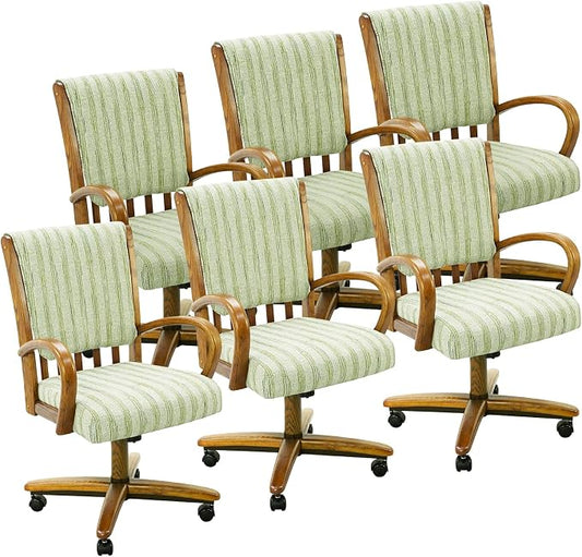 Chromcraft Set of 6 Caster Swivel Tilt Dining Chairs, Ultra Comfort Kitchen Chairs Casual Chairs with Soft Rubber Wheels Rolling Chair on Wheels for Kitchen(Alden Garden-Chestnut)
