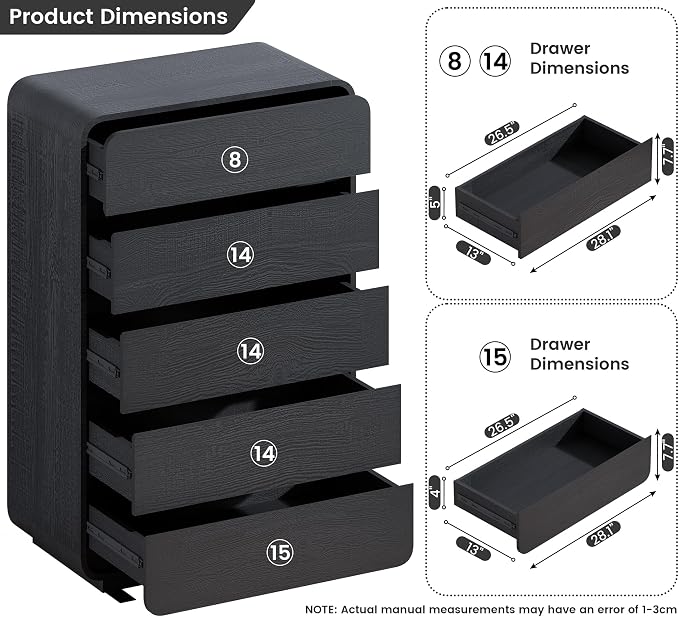 Standifurno 29.5’’ W Dresser for Closet, Black Drawers with Curved Design, Chest Drawer with 5 Drawers, Vertical Drawer with Large Storage, Wooden Dresser for Living Room, Nursery, Entryway
