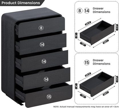 Standifurno 29.5’’ W Dresser for Closet, Black Drawers with Curved Design, Chest Drawer with 5 Drawers, Vertical Drawer with Large Storage, Wooden Dresser for Living Room, Nursery, Entryway