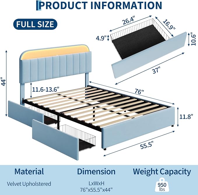 Garvee Full Size Bed Frame with 2 Flexible Drawers, Upholstered Platform Bed Frame with Bookcase Headboard and LED Lights, Kids Bed for Boys, Easy Assembly, Noise Free, Blue