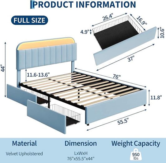 Garvee Full Size Bed Frame with 2 Flexible Drawers, Upholstered Platform Bed Frame with Bookcase Headboard and LED Lights, Kids Bed for Boys, Easy Assembly, Noise Free, Blue