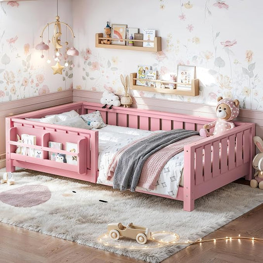 Bellemave Twin Floor Bed with Rails and Slats, Twin Size Montessori Floor Bed with Bookshelf and Fence, Easy Assemble Montessori Beds Frame for Girls, Boys, Pink