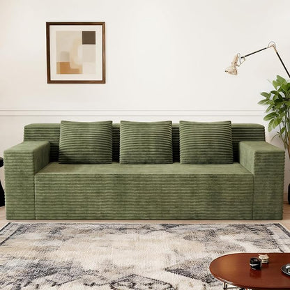 Kurhwyss 71" Corduroy Living Room Sofa, 3 Setaser Deep Seat Couch with 3 Lumbar Pillows, Comfy Boneless Sofa Modern Compressed Couch for Bedroom, Office, Apartment, No Assembly, Flat Armrests (Green)