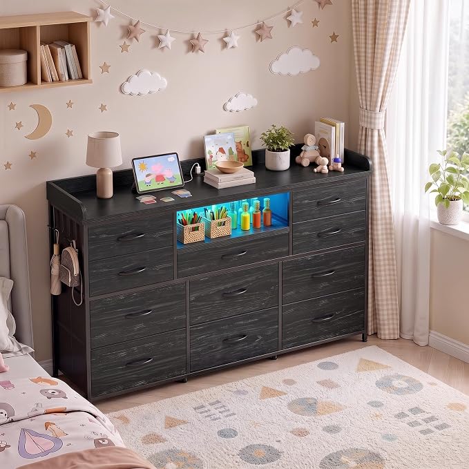 Bepatio LED Dresser for Bedroom with 11 Drawers,Power Strip,4 Hooks,Black | Stylish Dressers & Chests of Drawers with 2 Wood Storage Shelves, TV Stand for 50/55/60 Inch TVs, Sturdy Metal Frame