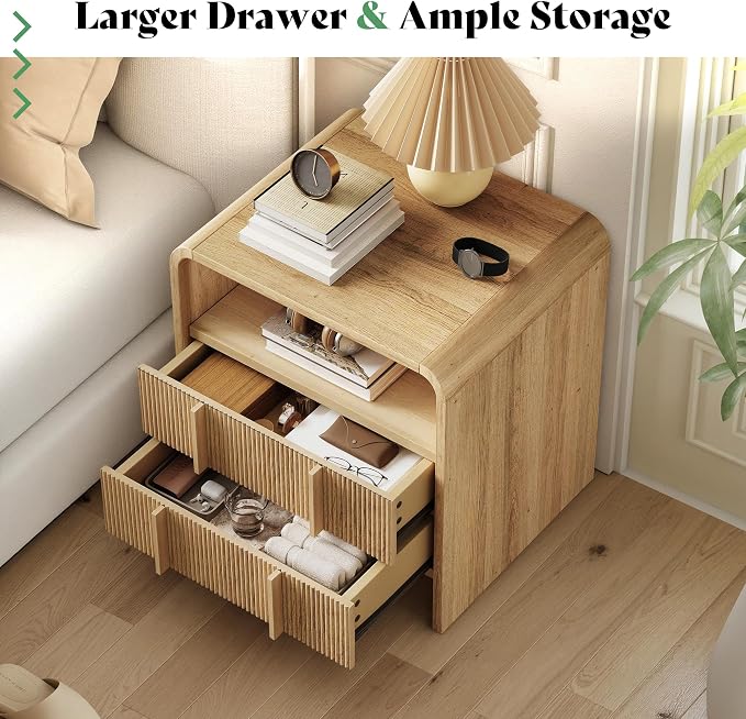 AMERLIFE 3-Piece Modern Fluted Bedroom Furniture Set, Including Wood King Size Bed Frame with Headboard & Footboard and Storage Night Stand Set of 2, Wooden Bedframe and Nightstand Sets, Natural Oak