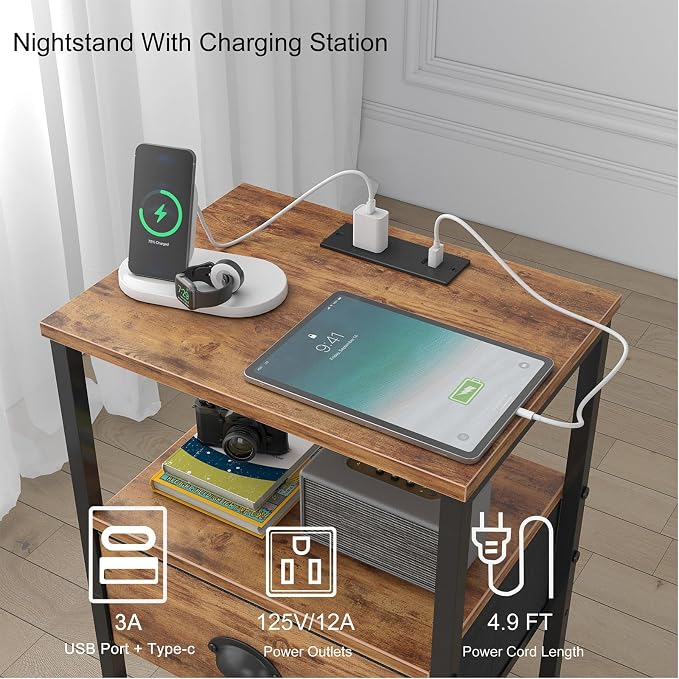 sthmec Nightstands Set of 2, Night Stands with Charging Station and Fabric Drawer, Bedside Tables with Drawers, 2- Tier Side Table with Open Shelf, Nightstands with Charging Station,Rustic Brown