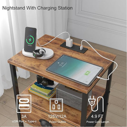 sthmec Nightstands Set of 2, LED Night Stands with Charging Station and Fabric Drawer, Bedside Tables with Drawers, 2- Tier LED Side Table End Table Charging Station Bedroom,Rustic Brown