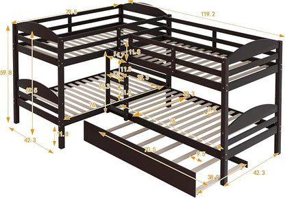 Flieks Four L Shaped Bunk Beds Twin-Over-Twin-Over-Twin-Over-Twin with Trundle, Divides into 2 Beds for 5, Family & Teens, No Box Spring Required